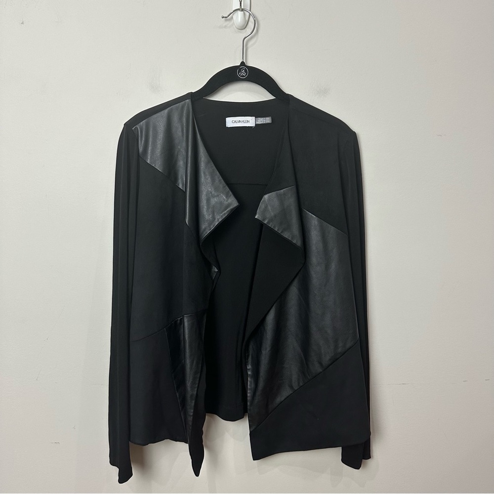 Calvin Klein Open Front Draped Faux Leather Suede Lightweight Jacket Black